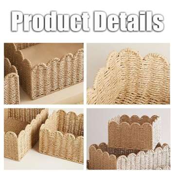 Scalloped Basket, Wicker Baskets for Storage, Hand Woven shelf Baskets, Seagrass Baskets for Bathroom, Bedroom Organizing (Rattan, M-14.2 * 10.6 * 6IN)