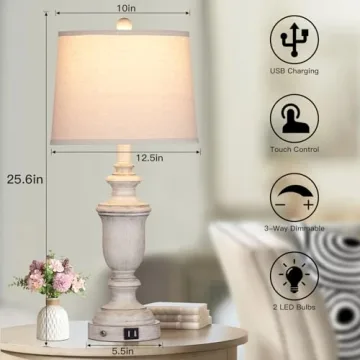 Cinkeda Rustic Touch Lamps Set of 2 with USB Charging