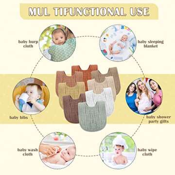 Frienda 8 Pcs Muslin Baby Bibs Cotton Bandana Drool Bibs Bulk for Newborn Infant 6 Absorbent Layers Feeding Accessory(Warm Colors)