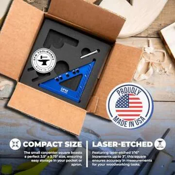 DFM Small Carpenters Work Tools w/Fixed Miter Angle Pin - Precision Woodworking - 3.5" x 3.75" Size for Pocket 1/16" Scribe Holes 5 x 1/4" Pin Holes - Made in USA - English Blue