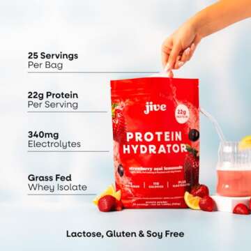 Jive 100% Grass Fed Protein Hydrator Clear Protein Powder - 25 Servings, 22g Protein, 110 Calories & w/Electrolytes - Strawberry Acai Lemonade - Clear Whey Isolate Protein
