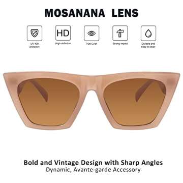 mosanana Cat Eye Sunglasses for Women Trendy Square Cateye Beige Retro Cool Vintage Fashion 90s Cute Funky Aesthetic Ladies Small Face Chunky Unique Stylish Petite Indie Sexy Frame 2023 Sharp Shine