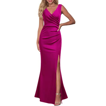WOOSEA Women Sleeveless V Neck Split Evening Cocktail Long Dress Magenta