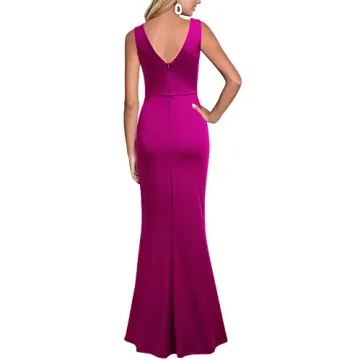 WOOSEA Women Sleeveless V Neck Split Evening Cocktail Long Dress Magenta