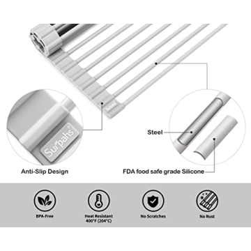 Surpahs Over Sink Foldable Multipurpose Roll-Up Dish Drying Rack, Silicone Wrapped Stainless Steel, Warm Gray, 17.5" x 13.1"