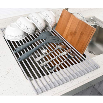 Surpahs Over Sink Foldable Multipurpose Roll-Up Dish Drying Rack, Silicone Wrapped Stainless Steel, Warm Gray, 17.5" x 13.1"