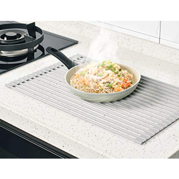 Surpahs Over Sink Foldable Multipurpose Roll-Up Dish Drying Rack, Silicone Wrapped Stainless Steel, Warm Gray, 17.5" x 13.1"