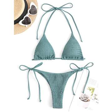 ZAFUL Women's Crinkle Halter String Triangle Tie Side Bikini Set Two Piece Swimsuits