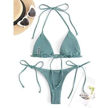 ZAFUL Women's Crinkle Halter String Triangle Tie Side Bikini Set Two Piece Swimsuits