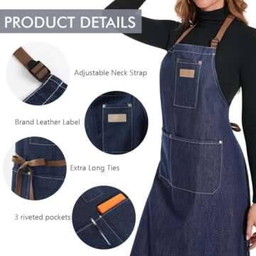 ROTANET Denim Work Apron with 3 Pockets Jean Shop Aprons for Chef Hairstylist Kitchen Woodworking for Men Women Blue