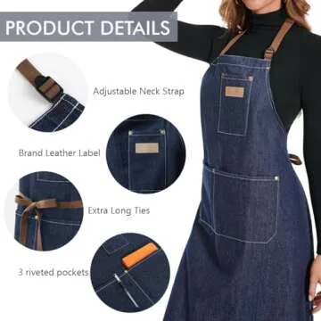 ROTANET Denim Work Apron with 3 Pockets Jean Shop Aprons for Chef Hairstylist Kitchen Woodworking for Men Women Blue