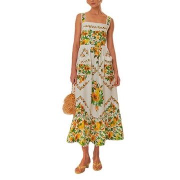 Women Y2k Boho Maxi Dress Vintage Floral Tie Shoulder Strap Sleeveless A Line Long Dress Summer Beac...