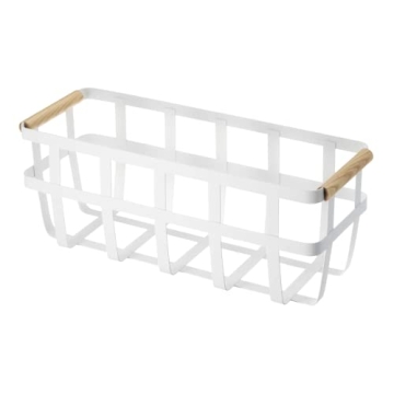 Yamazaki Home Storage Basket - Home Organizer Bin Holder with Wooden Handle Steel + Wood Small White