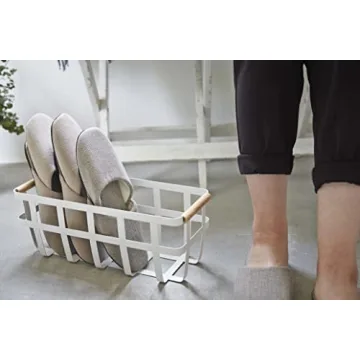 Yamazaki Home Storage Basket - Home Organizer Bin Holder with Wooden Handle Steel + Wood Small White