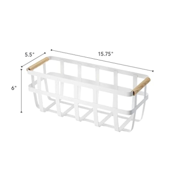 Yamazaki Home Storage Basket - Home Organizer Bin Holder with Wooden Handle Steel + Wood Small White