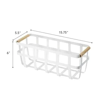 Yamazaki Home Storage Basket - Home Organizer Bin Holder with Wooden Handle Steel + Wood Small White