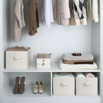 StorageWorks Large Closet Organizers with Handles, Rectangular Storage Baskets for Shelves, Foldable Closet Storage Bins for Linen Closet, 3-Pack, Beige Stripes