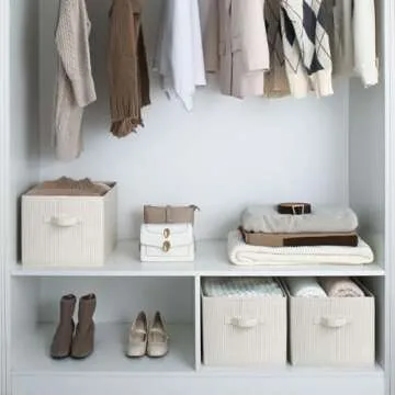 StorageWorks Large Closet Organizers with Handles, Rectangular Storage Baskets for Shelves, Foldable Closet Storage Bins for Linen Closet, 3-Pack, Beige Stripes