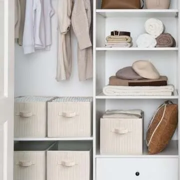 StorageWorks Large Closet Organizers with Handles, Rectangular Storage Baskets for Shelves, Foldable Closet Storage Bins for Linen Closet, 3-Pack, Beige Stripes