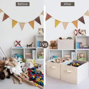 StorageWorks Large Closet Organizers with Handles, Rectangular Storage Baskets for Shelves, Foldable Closet Storage Bins for Linen Closet, 3-Pack, Beige Stripes