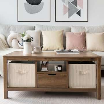 StorageWorks Large Closet Organizers with Handles, Rectangular Storage Baskets for Shelves, Foldable Closet Storage Bins for Linen Closet, 3-Pack, Beige Stripes