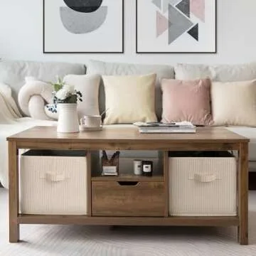 StorageWorks Large Closet Organizers with Handles, Rectangular Storage Baskets for Shelves, Foldable Closet Storage Bins for Linen Closet, 3-Pack, Beige Stripes