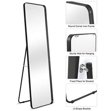 VINGLI 65"×20" Black Recessed Full Length Mirror with Free Stand&Round Corner,Metal Framed Standing Floor Mirror Wall Mounted Hanging Body Mirror Leaning Mirror for Bedroom/Living Room/Entryway