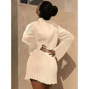 Annystore Women's Bell Long Sleeve Pleated Mini Dress Casual Mock Neck Ruffle A-line Shirt Dresses Cocktail Party Clubwear Apricot M