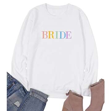 BANGELY Bride Sweatshirt for Women Wedding Shirt Honeymoon Sweatshirt Bride Print Long Sleeve T-shirt Engagement Gift Shirt White