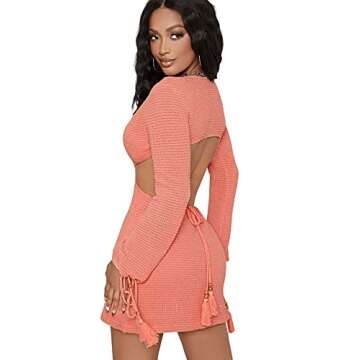 SweatyRocks Women's Long Sleeve Drawstring Cuff Cutout Ring Bodycon Mini Dress Coral Pink L