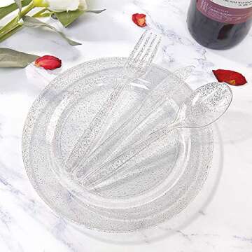 WDF 120PCS Silver Plastic Plates- Disposable Silver Glitter Plates, Premium Heavy Duty 60-10.25" Dinner Plates and 60-7.5" Salad Plates for Parties &Wedding
