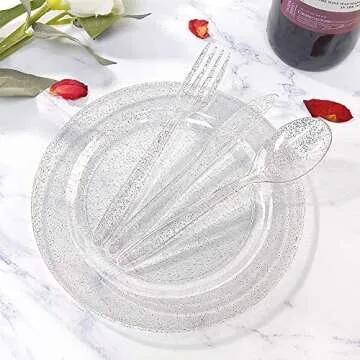 WDF 120PCS Silver Plastic Plates- Disposable Silver Glitter Plates, Premium Heavy Duty 60-10.25" Dinner Plates and 60-7.5" Salad Plates for Parties &Wedding