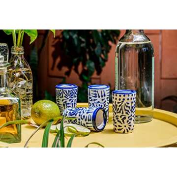MEXTEQUIL - Talavera Shot Glasses Set of 4 Authentic Mexican Tequila Shot Glasses - Hand-painted - 2 Oz (Blue Lace)