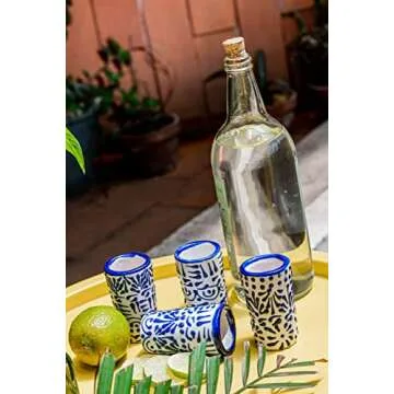 MEXTEQUIL - Talavera Shot Glasses Set of 4 Authentic Mexican Tequila Shot Glasses - Hand-painted - 2 Oz (Blue Lace)