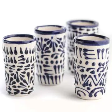 MEXTEQUIL - Talavera Shot Glasses Set of 4 Authentic Mexican Tequila Shot Glasses - Hand-painted - 2 Oz (Blue Lace)
