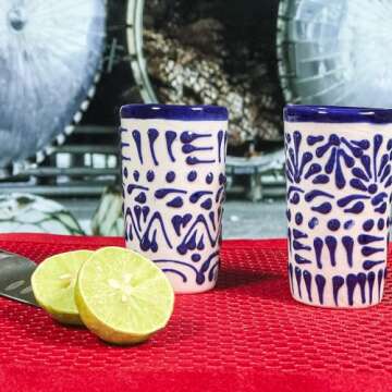 MEXTEQUIL - Talavera Shot Glasses Set of 4 Authentic Mexican Tequila Shot Glasses - Hand-painted - 2 Oz (Blue Lace)