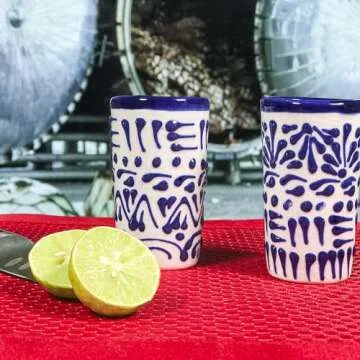 MEXTEQUIL - Talavera Shot Glasses Set of 4 Authentic Mexican Tequila Shot Glasses - Hand-painted - 2 Oz (Blue Lace)
