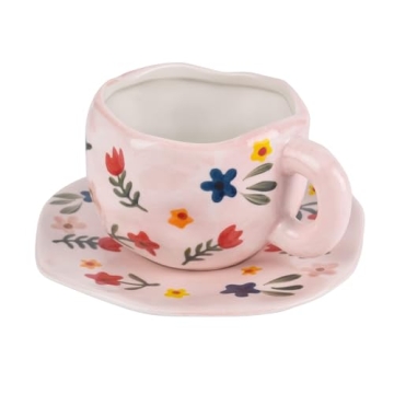 Koythin Ceramic Coffee Mug, Cute Pink Cup for Women with Saucer for Office and Home, Dishwasher and ...