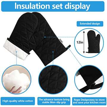 Oven Mitts and Pot Holders 4 pcs Set,High Heat Resistant 500 Degree Extra Thicken Long Kitchen Cotton Oven Glove for Cooking