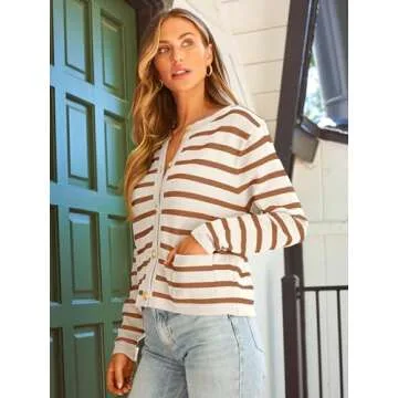 LILLUSORY Women's Striped Cardigan Sweaters Fall Outfits Clothes Fashion Trendy Long Sleeve Tops Casual Knit Lady Jackets Cream Caramel M