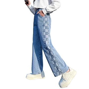 Rolanko Girls Baggy Jeans - Stylish Elastic Wide Leg Denim with Plaid Patch