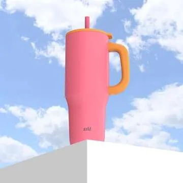 Zak Designs Sutton Travel Tumbler for On the Go, 40oz Stainless Steel with Vacuum Insulation, Silicone Straw, and Carry Handle for Cold Drinks (So Sweet Pink)