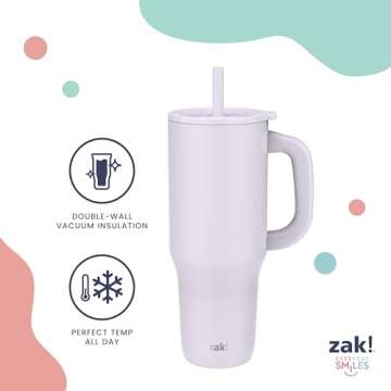 Zak Designs Sutton Travel Tumbler for On the Go, 40oz Stainless Steel with Vacuum Insulation, Silicone Straw, and Carry Handle for Cold Drinks (So Sweet Pink)