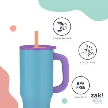 Zak Designs Sutton Travel Tumbler for On the Go, 40oz Stainless Steel with Vacuum Insulation, Silicone Straw, and Carry Handle for Cold Drinks (So Sweet Pink)