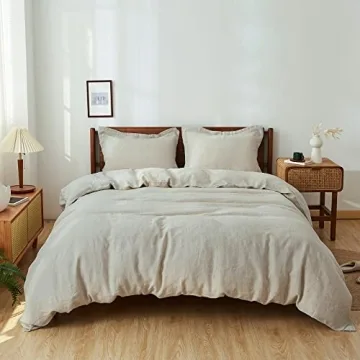 Simple&Opulence 100% Linen Duvet Cover Set 3pcs Basic Style Natural French Washed Flax Solid Color Soft Breathable Farmhouse Bedding with Button Closure - Linen, Queen