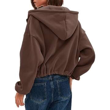 Women's Zip Up Hoodies Cropped Cardigan Jacket Adjustable Bungee Cords Hooded Sweatshirts Casual Winter Top 9021 Coffee Small