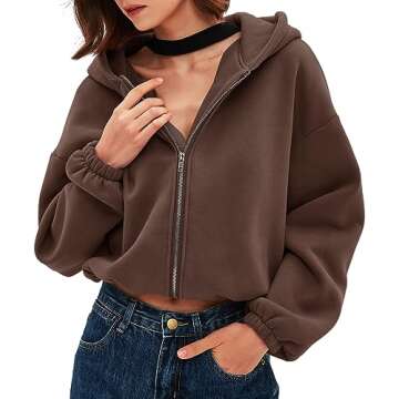 Women's Zip Up Hoodies Cropped Cardigan Jacket Adjustable Bungee Cords Hooded Sweatshirts Casual Winter Top 9021 Coffee Small