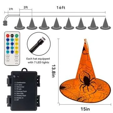 WATERGLIDE Halloween Decorations 8 Pcs Lighted Hanging Witch Hats, Remote Control with 8 Modes Light Up 14 FT Halloween String Lights, for Indoor Outdoor Yard, Lawn, Graveyard Scenes Party