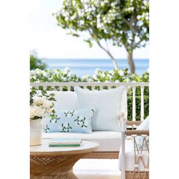 Hofdeco Premium Coastal Patio Indoor Outdoor Scalloped Throw Pillow Cover Only, 20"x20" Water Repellent for Backyard, Couch, Baby Blue Print Stripes