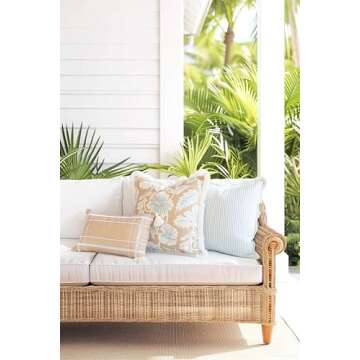 Hofdeco Premium Coastal Patio Indoor Outdoor Scalloped Throw Pillow Cover Only, 20"x20" Water Repellent for Backyard, Couch, Baby Blue Print Stripes